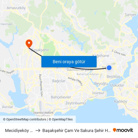 Mecidiyeköy (M7) to Başakşehir Çam Ve Sakura Şehir Hastanesi map