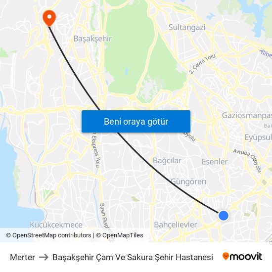 Merter to Başakşehir Çam Ve Sakura Şehir Hastanesi map