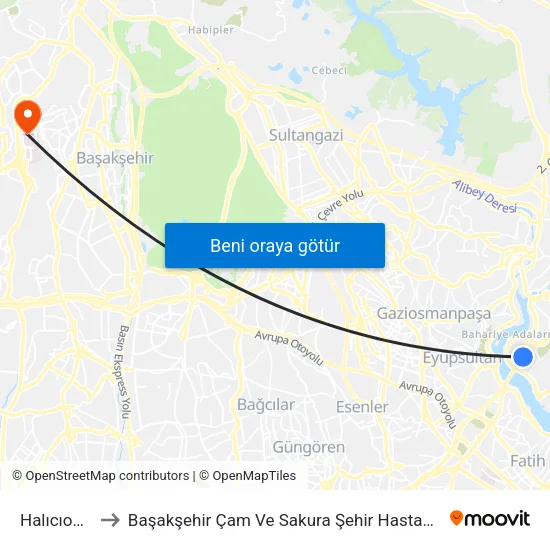 Halıcıoğlu to Başakşehir Çam Ve Sakura Şehir Hastanesi map