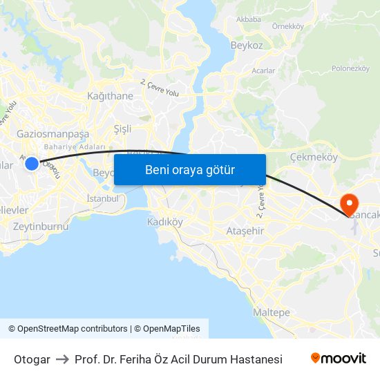 Otogar to Prof. Dr. Feriha Öz Acil Durum Hastanesi map