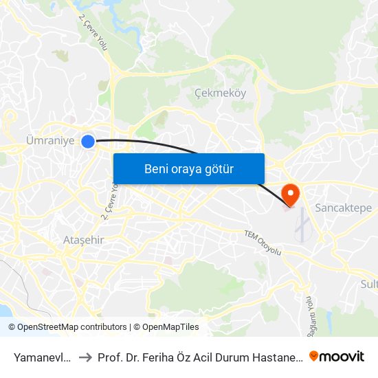 Yamanevler to Prof. Dr. Feriha Öz Acil Durum Hastanesi map