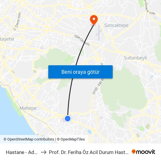 Hastane - Adliye to Prof. Dr. Feriha Öz Acil Durum Hastanesi map