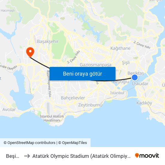 Beşiktaş to Atatürk Olympic Stadium (Atatürk Olimpiyat Stadyumu) map