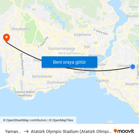 Yamanevler to Atatürk Olympic Stadium (Atatürk Olimpiyat Stadyumu) map