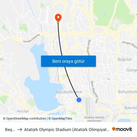 Beşyol to Atatürk Olympic Stadium (Atatürk Olimpiyat Stadyumu) map