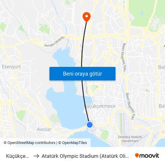 Küçükçekmece to Atatürk Olympic Stadium (Atatürk Olimpiyat Stadyumu) map