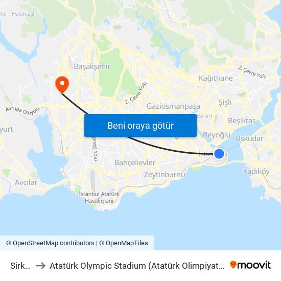 Sirkeci to Atatürk Olympic Stadium (Atatürk Olimpiyat Stadyumu) map