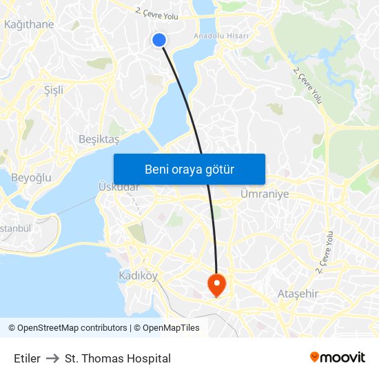 Etiler to St. Thomas Hospital map