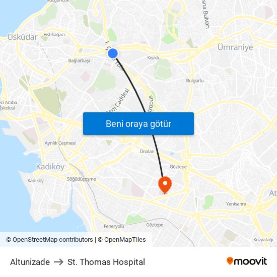 Altunizade to St. Thomas Hospital map