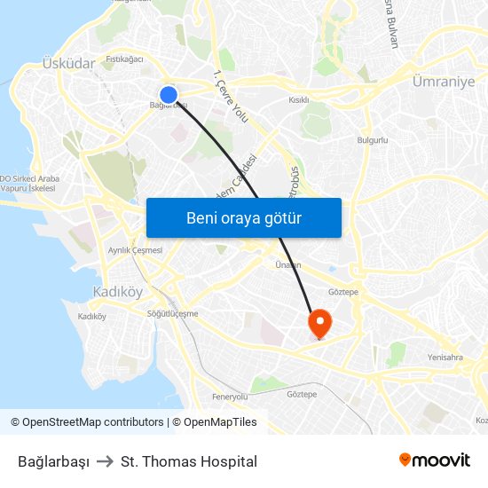 Bağlarbaşı to St. Thomas Hospital map