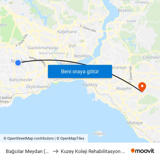 Bağcılar Meydan (M1b) to Kuzey Koleji Rehabilitasyon Merkezi map