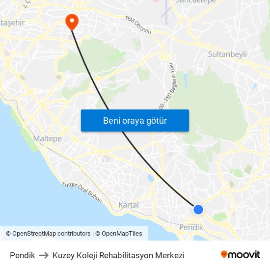 Pendik to Kuzey Koleji Rehabilitasyon Merkezi map