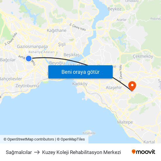 Sağmalcılar to Kuzey Koleji Rehabilitasyon Merkezi map