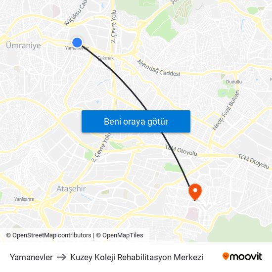 Yamanevler to Kuzey Koleji Rehabilitasyon Merkezi map