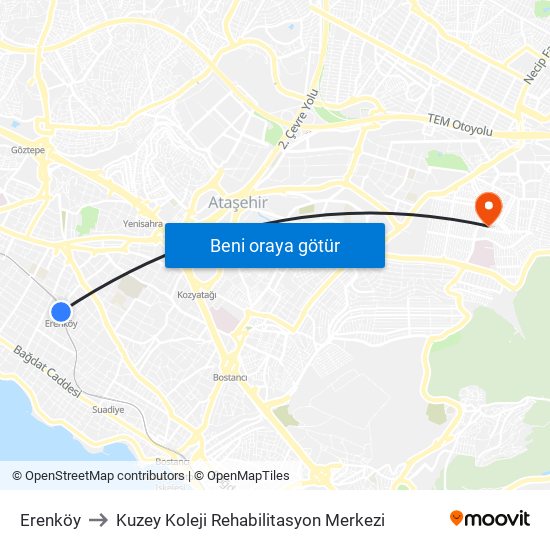 Erenköy to Kuzey Koleji Rehabilitasyon Merkezi map