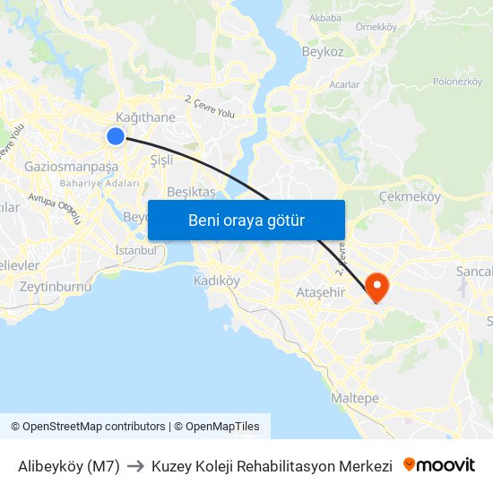 Alibeyköy (M7) to Kuzey Koleji Rehabilitasyon Merkezi map