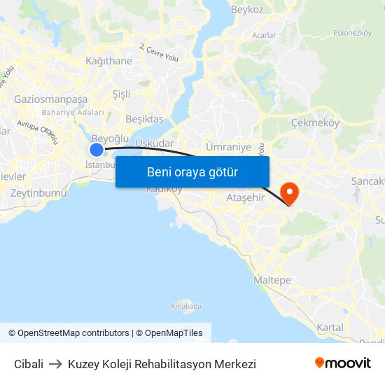 Cibali to Kuzey Koleji Rehabilitasyon Merkezi map