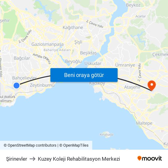 Şirinevler to Kuzey Koleji Rehabilitasyon Merkezi map