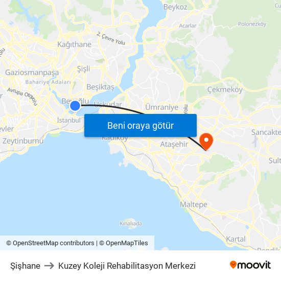 Şişhane to Kuzey Koleji Rehabilitasyon Merkezi map