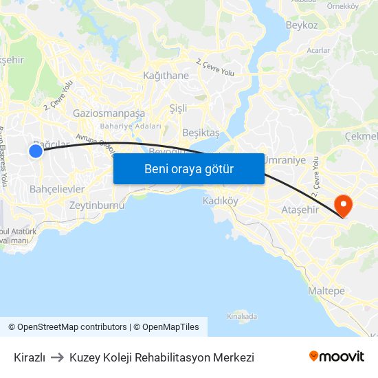 Kirazlı to Kuzey Koleji Rehabilitasyon Merkezi map