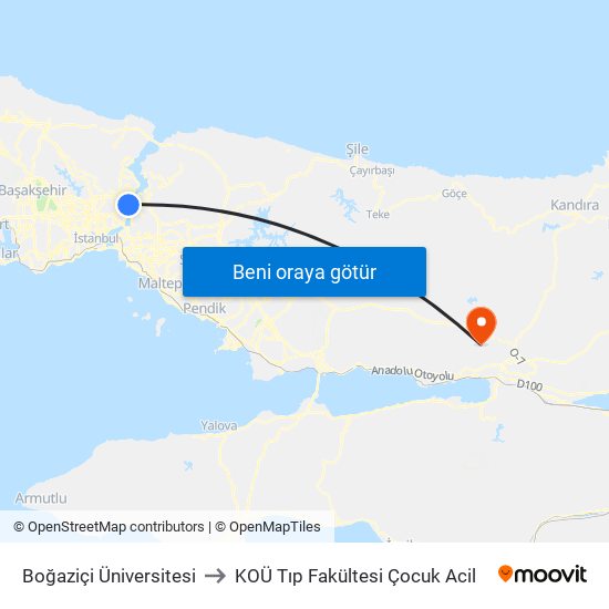 Boğaziçi Üniversitesi to KOÜ Tıp Fakültesi Çocuk Acil map