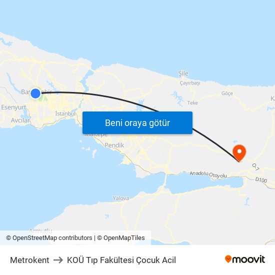 Metrokent to KOÜ Tıp Fakültesi Çocuk Acil map