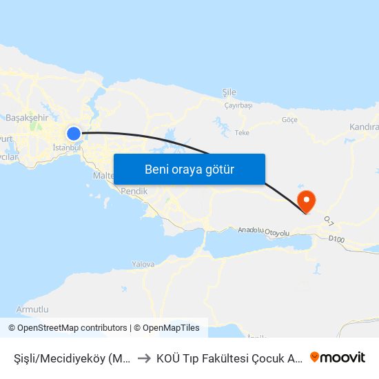 Şişli/Mecidiyeköy (M2) to KOÜ Tıp Fakültesi Çocuk Acil map