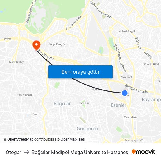 Otogar to Bağcılar Medipol Mega Üniversite Hastanesi map
