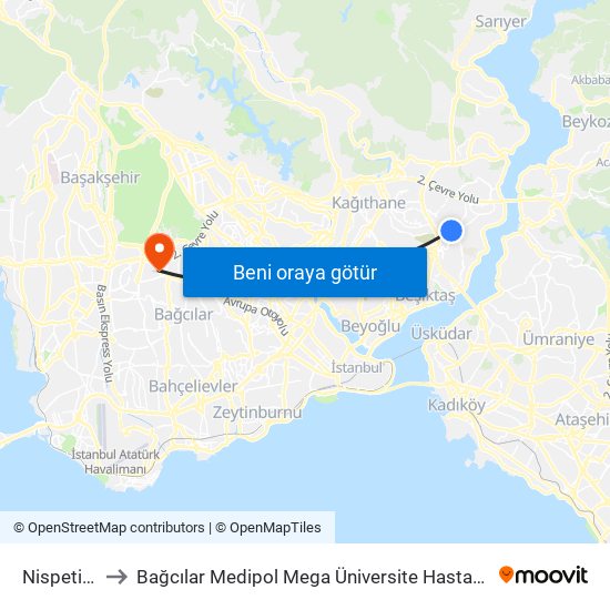Nispetiye to Bağcılar Medipol Mega Üniversite Hastanesi map
