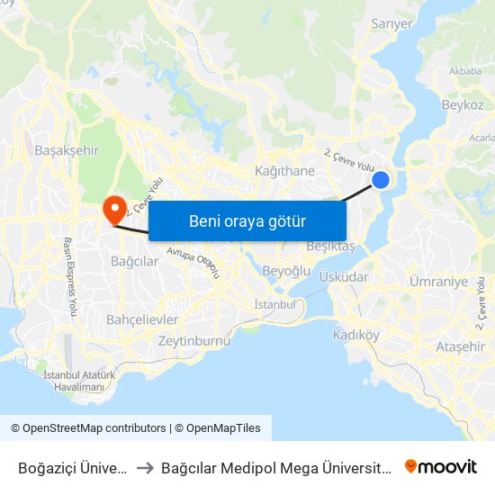 Boğaziçi Üniversitesi to Bağcılar Medipol Mega Üniversite Hastanesi map
