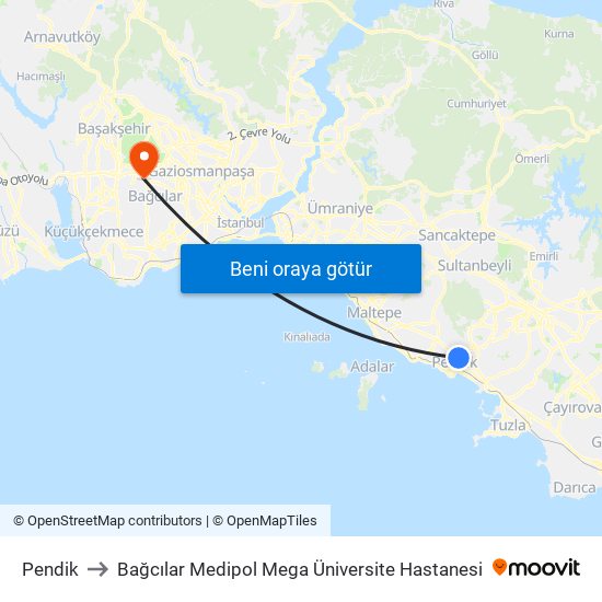 Pendik to Bağcılar Medipol Mega Üniversite Hastanesi map