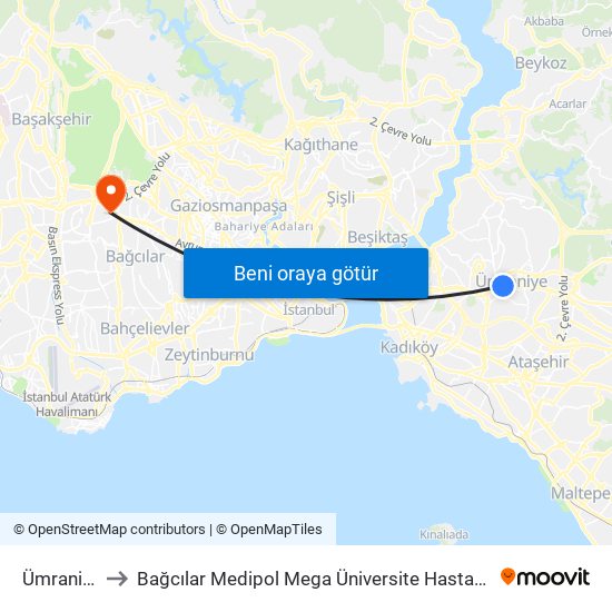Ümraniye to Bağcılar Medipol Mega Üniversite Hastanesi map