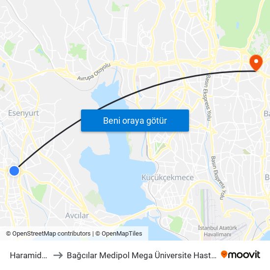 Haramidere to Bağcılar Medipol Mega Üniversite Hastanesi map