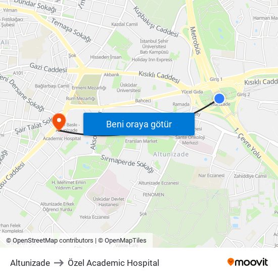Altunizade to Özel Academic Hospital map