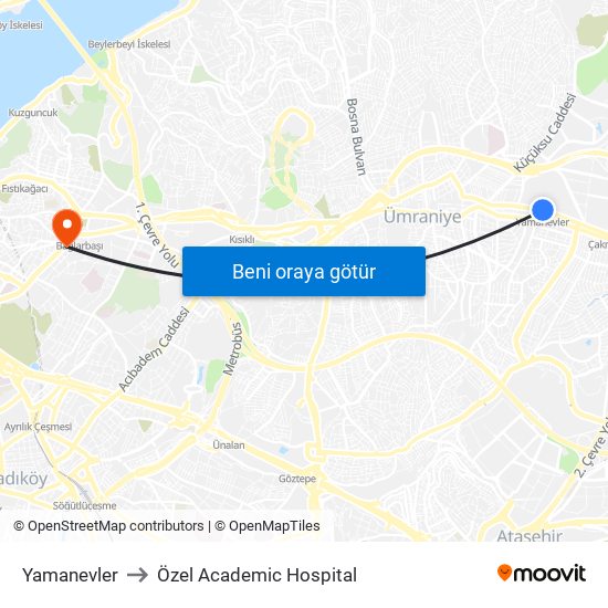 Yamanevler to Özel Academic Hospital map