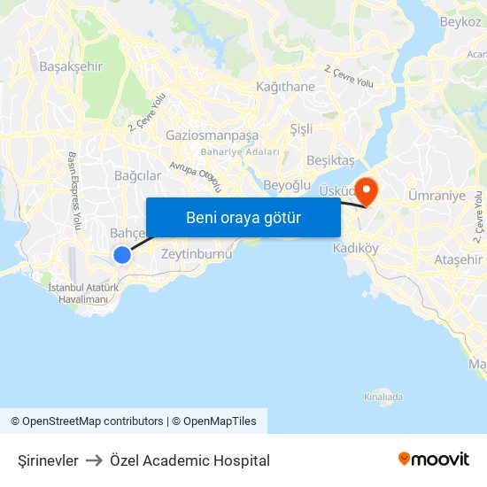Şirinevler to Özel Academic Hospital map