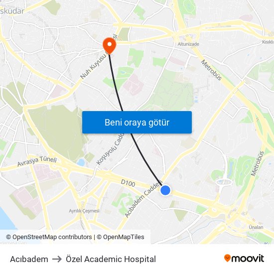 Acıbadem to Özel Academic Hospital map