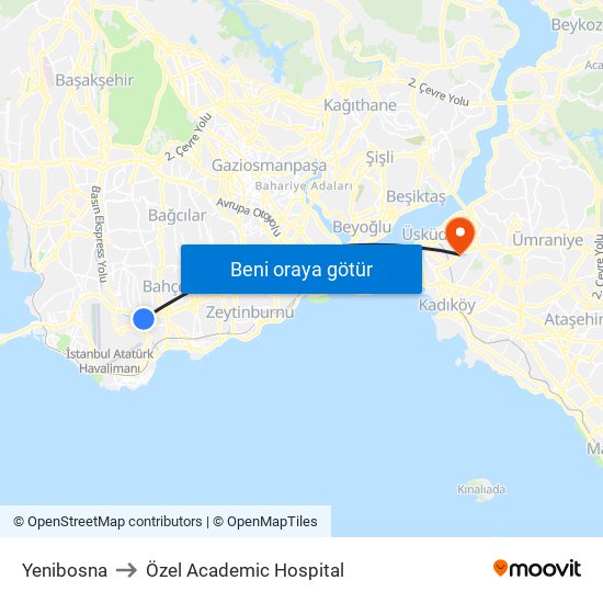 Yenibosna to Özel Academic Hospital map