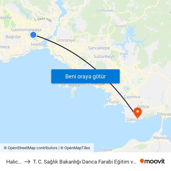 Halıcıoğlu to T. C. Sağlık Bakanlığı Darıca Farabi Eğitim ve Araştırma Hastanesi map