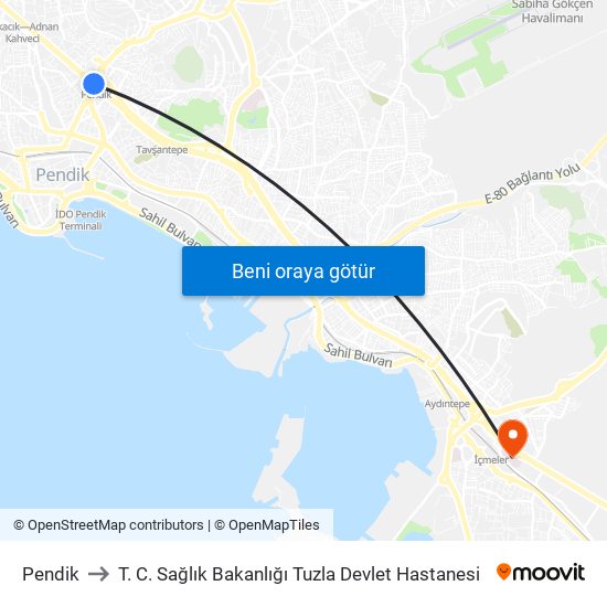 Pendik to T. C. Sağlık Bakanlığı Tuzla Devlet Hastanesi map