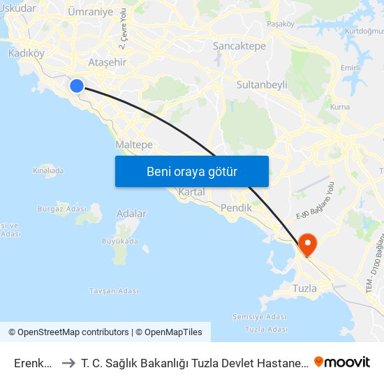 Erenköy to T. C. Sağlık Bakanlığı Tuzla Devlet Hastanesi map