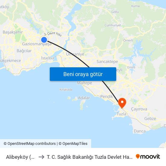 Alibeyköy (M7) to T. C. Sağlık Bakanlığı Tuzla Devlet Hastanesi map