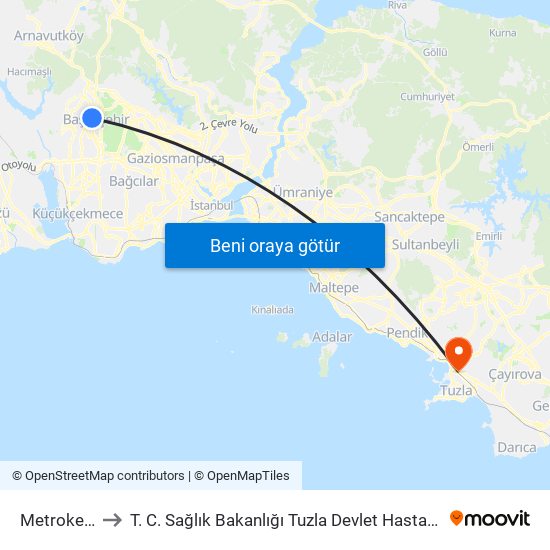 Metrokent to T. C. Sağlık Bakanlığı Tuzla Devlet Hastanesi map