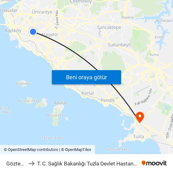 Göztepe to T. C. Sağlık Bakanlığı Tuzla Devlet Hastanesi map