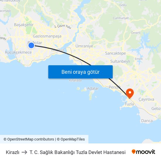 Kirazlı to T. C. Sağlık Bakanlığı Tuzla Devlet Hastanesi map