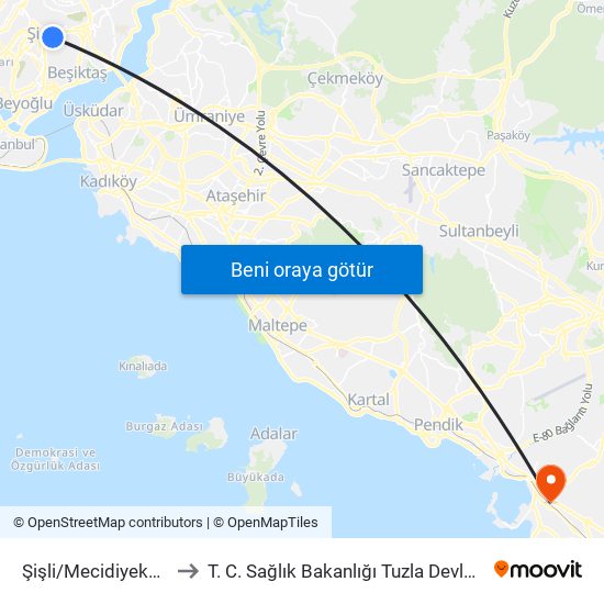 Şişli/Mecidiyeköy (M2) to T. C. Sağlık Bakanlığı Tuzla Devlet Hastanesi map