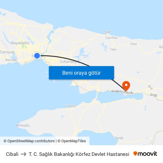 Cibali to T. C. Sağlık Bakanlığı Körfez Devlet Hastanesi map