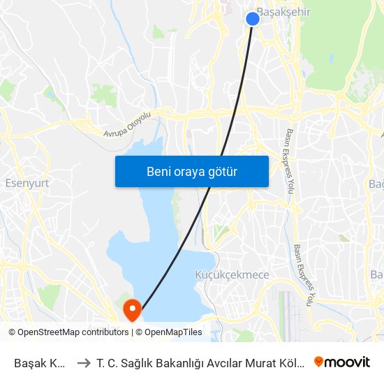 Başak Konutları to T. C. Sağlık Bakanlığı Avcılar Murat Kölük Devlet Hastanesi map