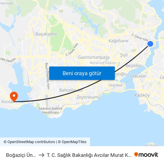 Boğaziçi Üniversitesi to T. C. Sağlık Bakanlığı Avcılar Murat Kölük Devlet Hastanesi map