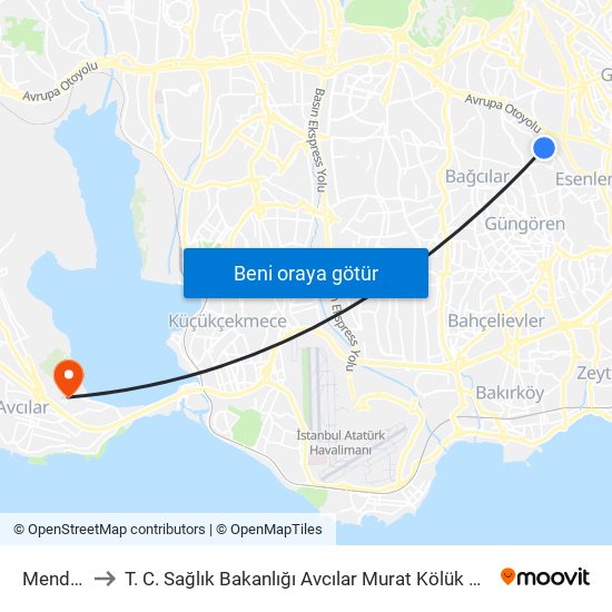 Menderes to T. C. Sağlık Bakanlığı Avcılar Murat Kölük Devlet Hastanesi map